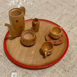 Tiny Handcarved Wooden Tea for Two Set